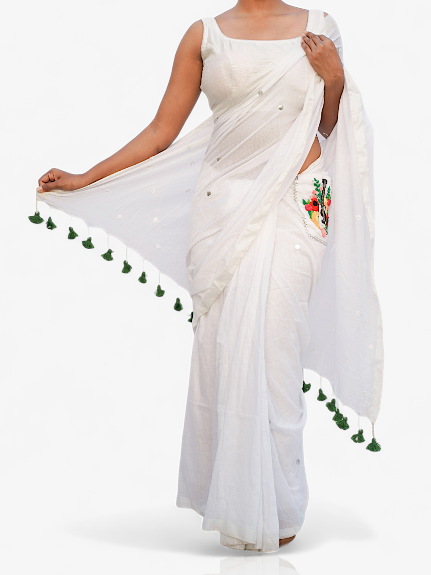 Rhythmic Bloom – Embroidery Pocket Saree - Kozylook
